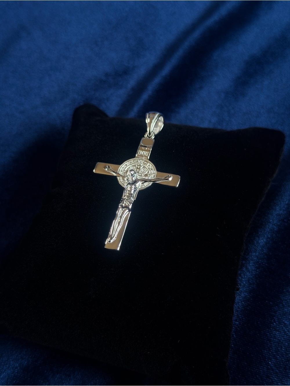Sterling Silver Crucifix Pendant with St. Benedict